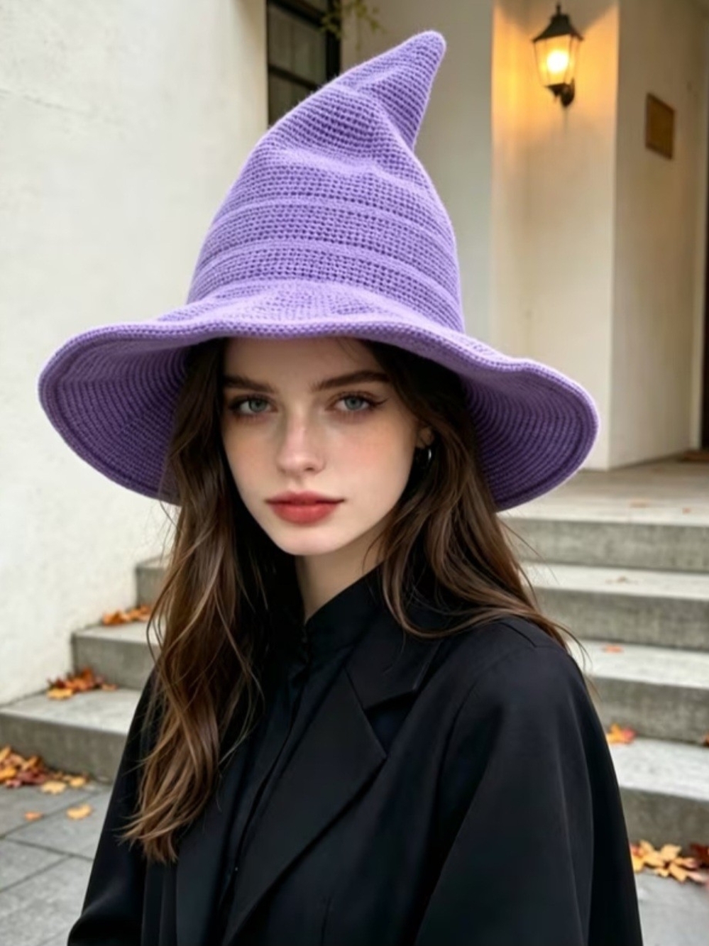 Knit Pointed Brim Hat - Lavender Purple Witch Hat